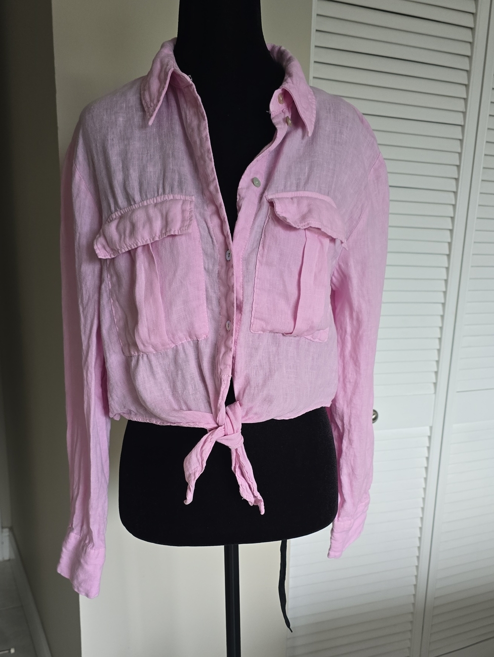 Zara Light Pink Tie-Front Linen Blouse